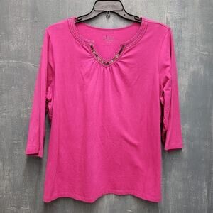 Denim & Co. 1X Jewel Studded V-Neck Knit Top 3/4 Sleeve Pink